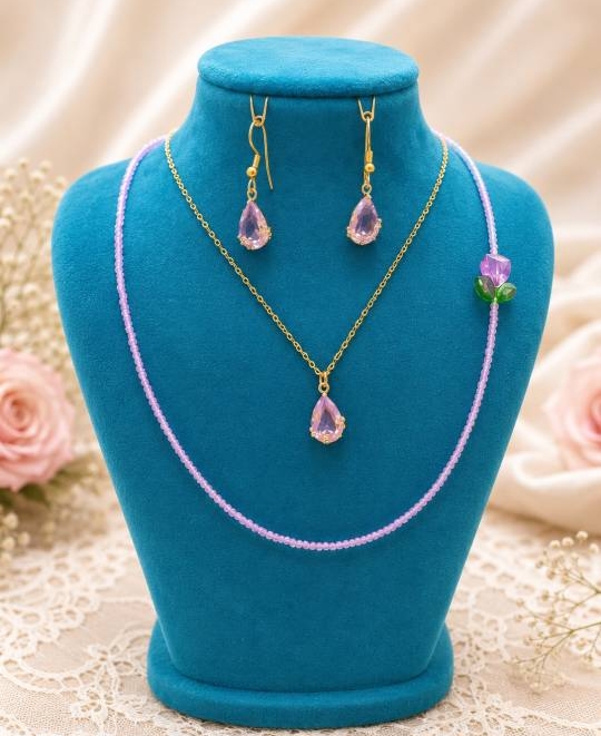 ست گردن بند دو ردیفه کریستالی اشکی با گوشواره 💖