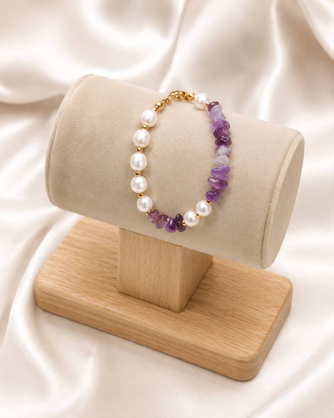دست بند سنگ آمیتیست و مروارید شل💜