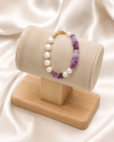 دست بند سنگ آمیتیست و مروارید شل💜